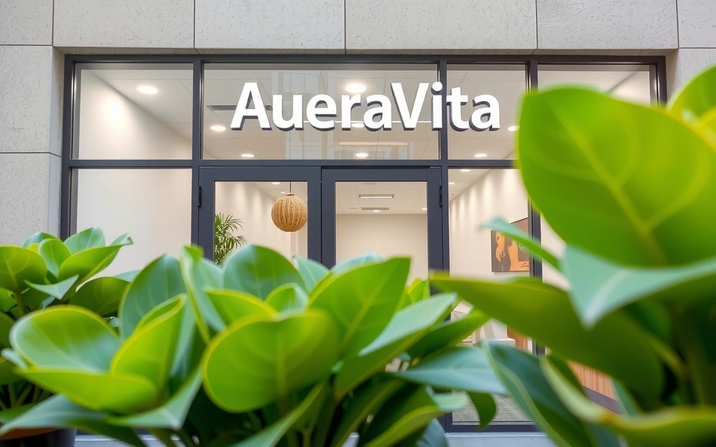 Imagine cu sediul Aureavitacx, o clădire modernă cu multă lumină naturală și plante verzi la interior