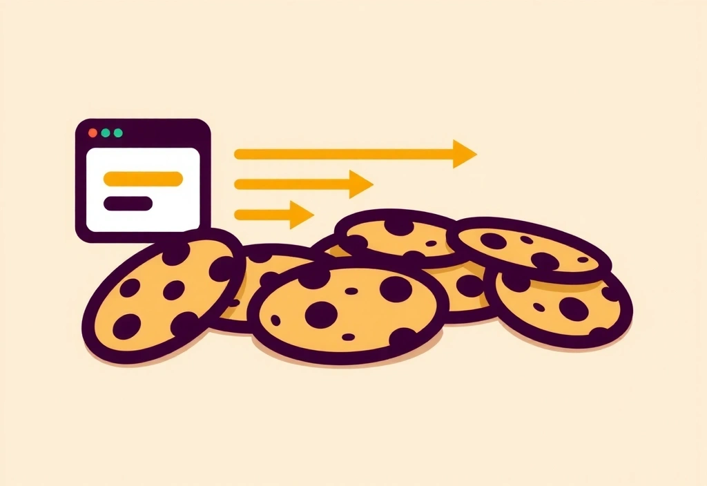 Ilustrație cu diverse tipuri de cookie-uri și un browser web